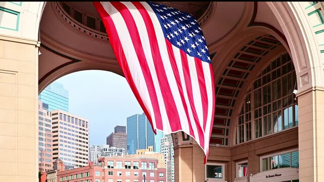 Huge American Flag hanging from a ceiling in Boston, Massachusetts, USA on a cloudy day. 