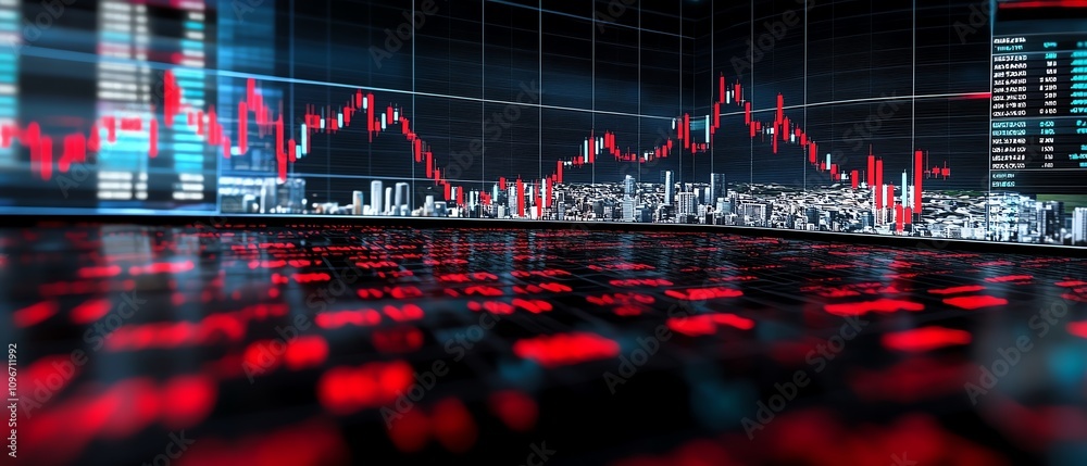 Aufkleber forex trading chart with live global market data, 3d rendered digital background showing currency fl