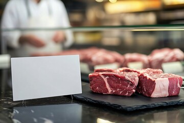 Fresh red meat displayed with blank sign mockup template in butcher shop