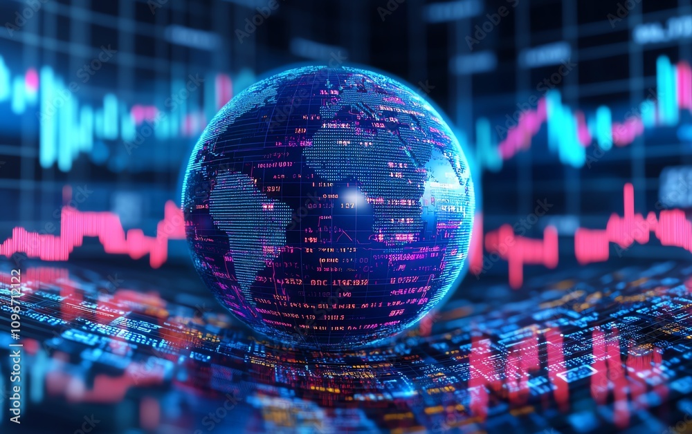 Poster Glowing digital globe with embedded binary code and financial graphs on a blue backdrop, 3D rendered financial technology concept