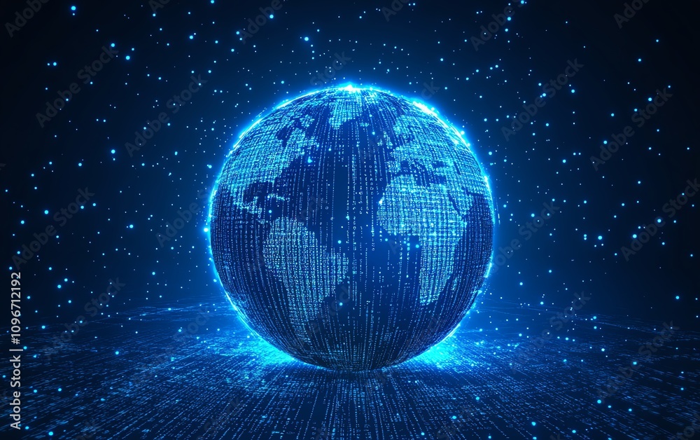 Aufkleber Glowing digital globe with embedded binary code and financial graphs on a blue backdrop, 3D rendered financial technology concept