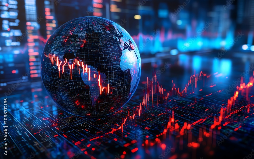 Poster Glowing digital globe with embedded binary code and financial graphs on a blue backdrop, 3D rendered financial technology concept