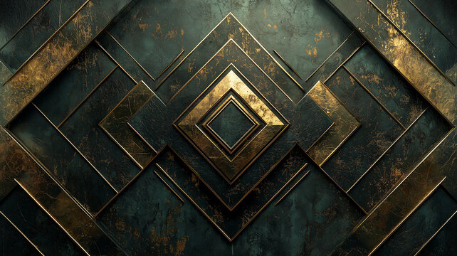 Elegant art deco-inspired geometric design with gold metallic accents on a textured emerald background.