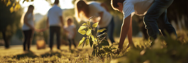 A group of volunteers plant a small tree in a sunlit park, symbolizing teamwork and environmental consciousness in a serene, community-driven setting.