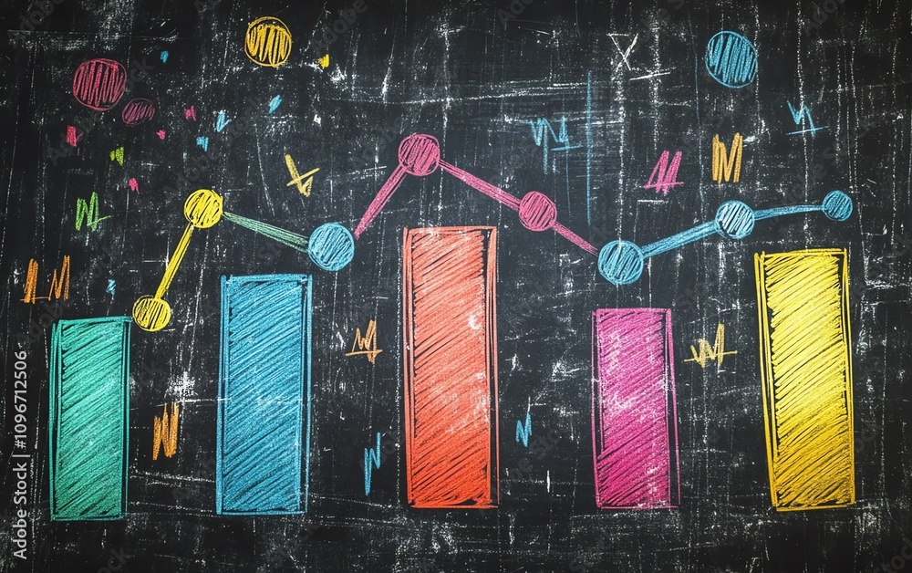 Leinwandbilder handdrawn colorful bar graph and line chart on a blackboard with chalk, ai generative concept, vibra