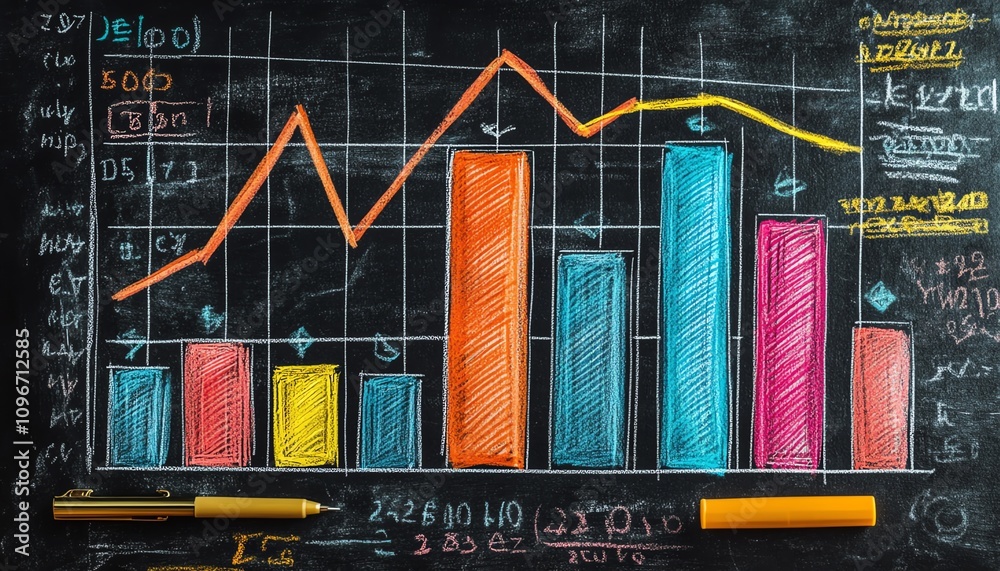 Poster Handdrawn colorful bar graph and line chart on a blackboard with chalk, AI generative concept, vibrant and dynamic data visualization