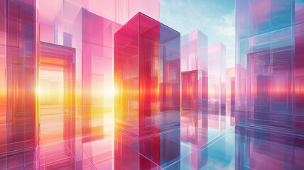 A futuristic cityscape of transparent, multicolored glass towers reflecting warm sunlight and soft pastel skies.