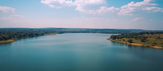 Obraz premium Aerial view of a serene lake surrounded by lush greenery and blue skies showcasing nature's beauty and tranquility.