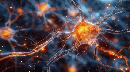 Closeup of Neuron Cells with Connections in Brain, Illuminated Mobile Signal Transmission, Microscopic Nerve Pathway with Glowing Network, Detailed Neure Cell Illustration