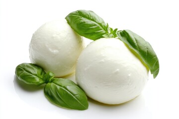 Freshly made mozzarella balls served with basil leaves, perfect for an Italian-inspired dish or food styling