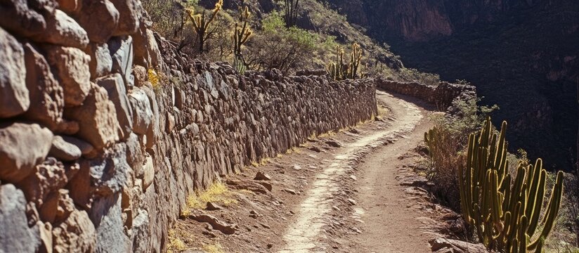 Historic stone path in mountainous terrain surrounded by cacti showcasing traditional muleteer routes in nature's embrace.