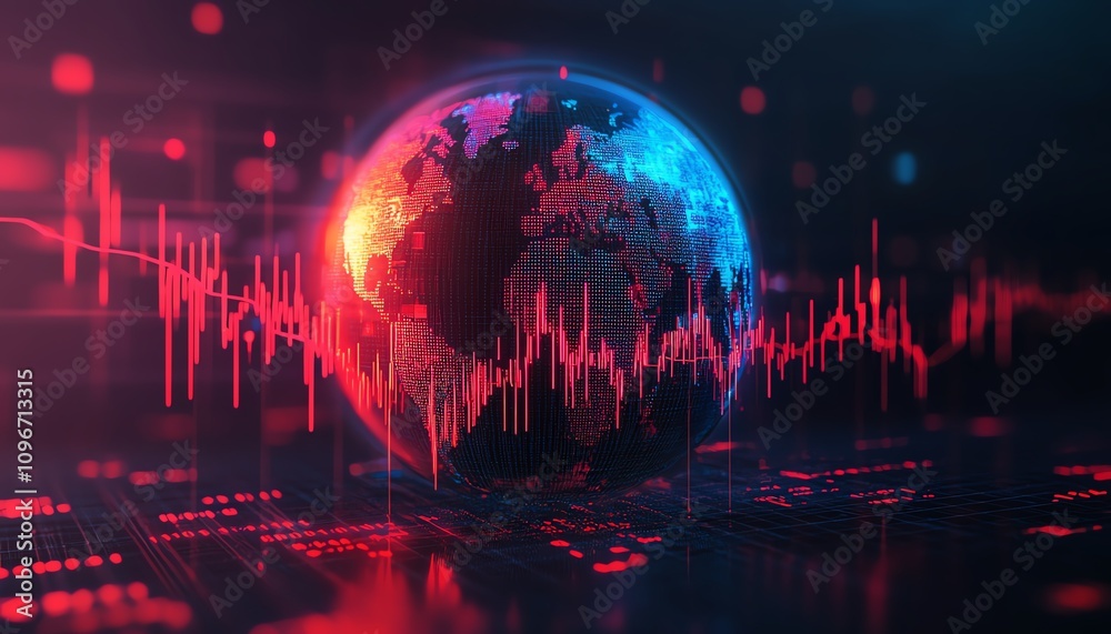 Aufkleber 3D digital globe with glowing binary code and financial graphs, blue background, global data analytics and financial trends