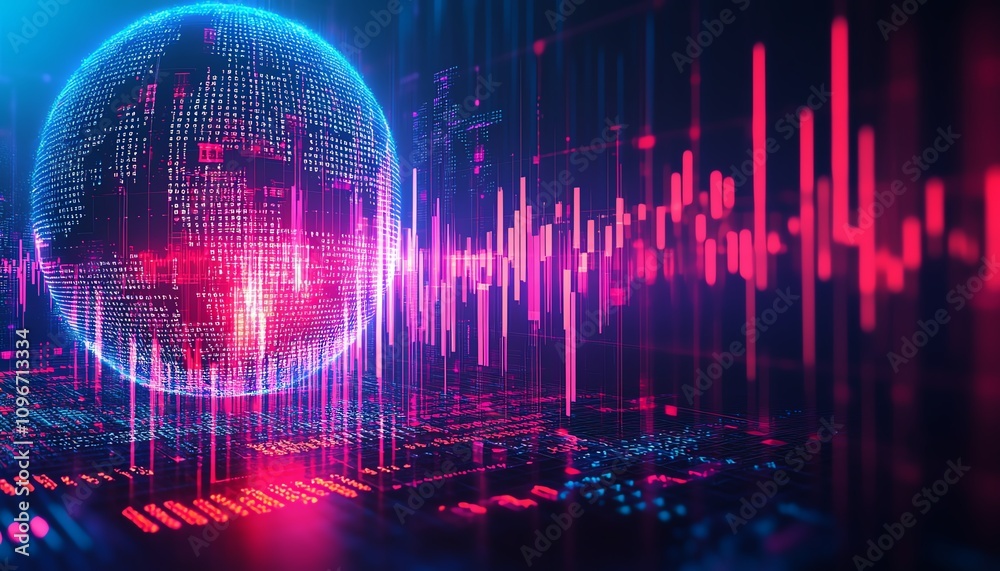 Aufkleber 3D digital globe with glowing binary code and financial graphs, blue background, global data analytics and financial trends
