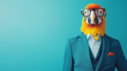 Parrot head on a person in a blue suit.