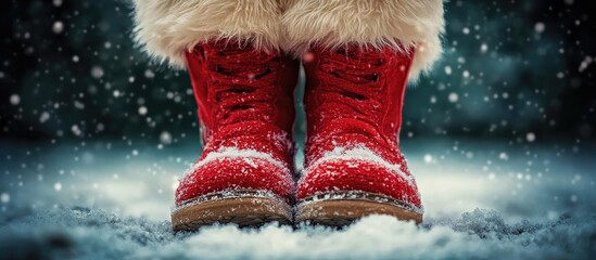 Santa's iconic red boots with fur trim standing in snow on a dark background creating a festive holiday atmosphere