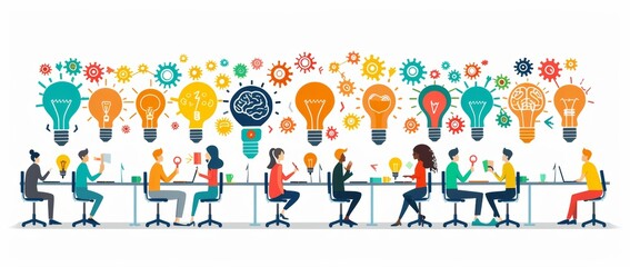 Fototapeta premium diverse people brainstorming ideas at table with colorful brains and lightbulbs education teamwork meeting vector