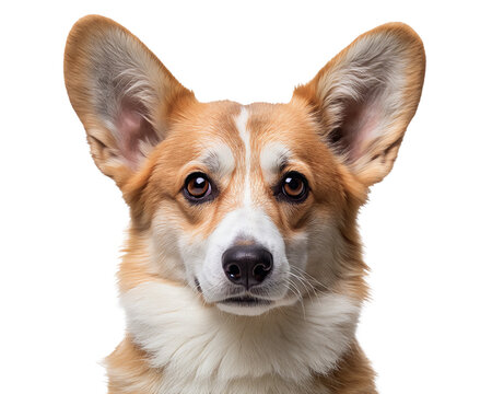 Image of a corgi dog with big ears and expressive eyes on a transparent background.