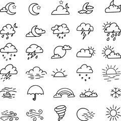 weather cloud sun rain moon and star line art doodle vector illustration