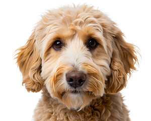 Fototapeta premium Labradoodle with soft curly sand-colored fur looking directly at the camera.