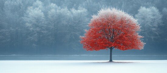 Winter landscape featuring a vibrant red tree amidst a snowy scene with a frosty forest backdrop and serene atmosphere.