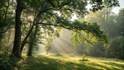 Obraz premium Warm sunlight filtering through dense foliage creates dappled patterns of light and shadow on the forest floor, calming, leafy greens, forest
