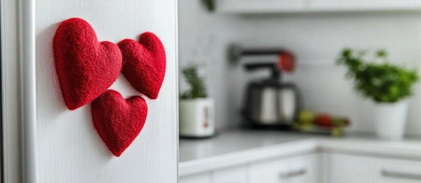 Handmade red felt heart-shaped magnets on a refrigerator in a white kitchen creating a cozy DIY home decoration ambiance.