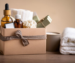 Eco-friendly bath set: wooden tray, natural soap, cotton towel, soy candle, and body sponge. The perfect choice for comfort, relaxation, and mindful consumption.