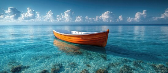 Tranquil summer scene featuring an orange boat floating on calm blue waters under a bright sun with clear skies and serene reflections.