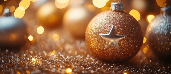 Fototapeta premium Golden baubles and silver stars among festive decorations in a warm holiday atmosphere capturing the essence of Christmas shopping ambiance