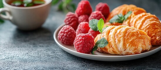 Breakfast table setting with fresh raspberries and croissants on a plate surrounded by greenery and...