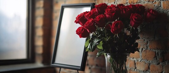 Bouquet of red roses in a glass vase with a blank frame against a brick wall ideal for romantic themes and love greeting card designs