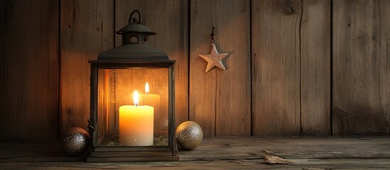 Christmas lantern with lit candle decorative ornaments and stars illuminated against a rustic wooden background ambiance festive scene