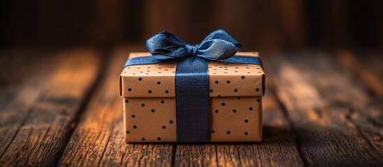 Gift box with blue stripes and bow on wooden background showcasing rustic charm and elegance for seasonal celebrations or special occasions