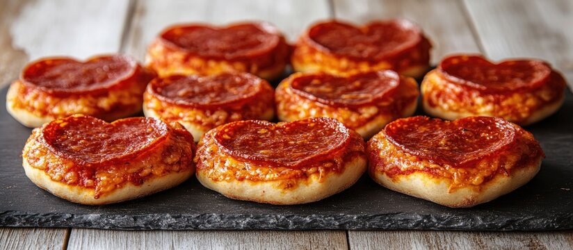 Heart shaped mini pizzas with pepperoni on slate plate ideal for romantic celebrations top view food photography