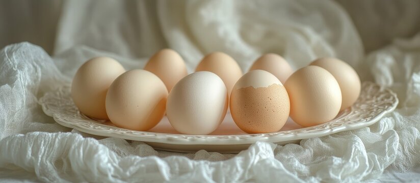 Fresh raw eggs elegantly arranged on a decorative plate with soft drapery background for culinary and lifestyle photography themes