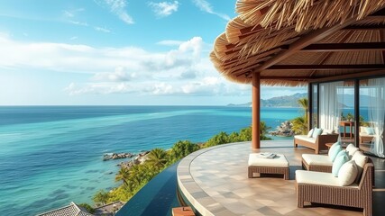 Obraz premium Luxurious ocean front property with stunning panoramic views of the coast, perfect for a relaxing vacation, seaside, summer