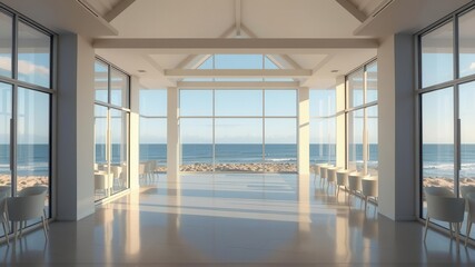 Modern seaside architecture with floor-to-ceiling windows overlooking the oceanfront, modern, design