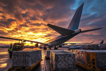Cargo aircraft at sunset with freight containers on the tarmac.