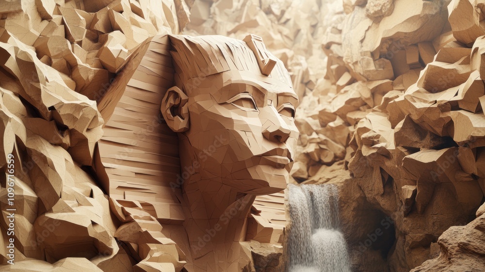 Poster a stylized sculpture resembling a sphinx in a rocky, waterfall setting.