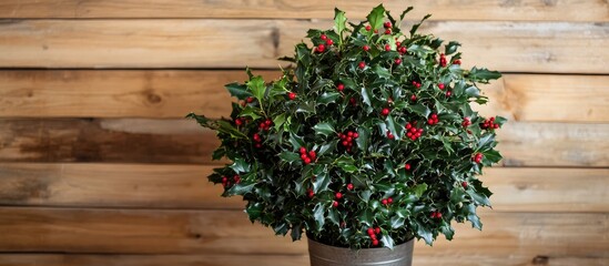 Traditional holly Christmas decoration in a metal pot with vibrant red berries against a rustic wooden backdrop.