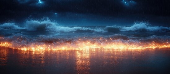 Fototapeta premium Nighttime ocean waves illuminated by bioluminescence on sandy shores in a stormy atmosphere, creating a magical seascape.
