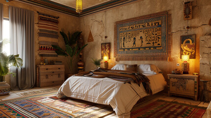 Fototapeta premium A cozy Egyptian-themed bedroom with a low-profile bed, papyrus artwork on the walls, and soft golden lighting enhancing the carved details of the decor.