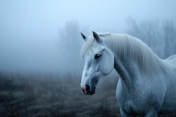 Obraz premium A horse stands alone in a misty meadow, surrounded by fog