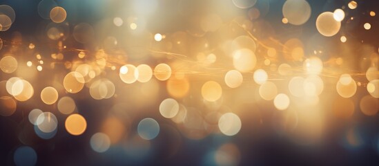 Bokeh light background with soft glowing orbs in warm blue and gold tones for festive or artistic designs
