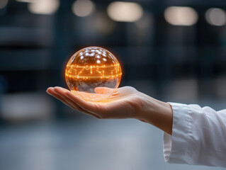 Fototapeta premium hand presenting secure holographic globe with encryption features, symbolizing technology and innovation. glowing sphere represents data security and modern advancements