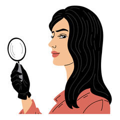 Beautiful young woman detective wearing a magnifying glass in his hand. Search, investigation and evidence. Agent spy. Vector art illustration on white background