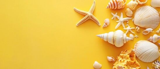 Summer holiday flat lay with sea shells and starfish on vibrant yellow background ideal for travel or vacation promotional materials