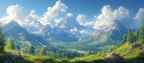 Fototapeta premium Scenic mountain landscape with lush greenery majestic rocky peaks and vibrant clouds under a bright blue sky
