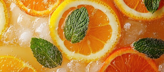 Refreshing iced lemonade with orange slices and mint leaves garnished, close-up top view showcasing...