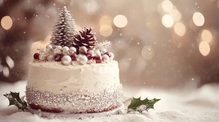 A festive cake adorned with decorations, set against a soft, snowy backdrop.